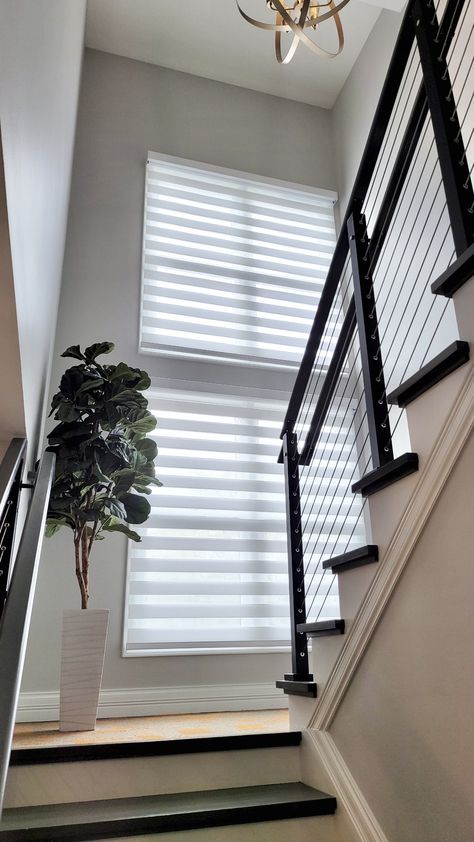 grayish striped sheer shades Stairwell Window Treatments, Staircase Window Blinds, Blinds For Staircase Windows, Stair Landing Window Treatments, Stairs Window Blinds, Stair Window Curtain Ideas, Stairwell Window Ideas, Staircase Curtains, Staircase Window Curtains