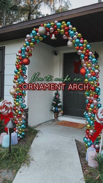 Emily Haufler | DIY & Home Design on Instagram Ornament Garland Outdoor, Easy Archway Diy, Diy Archway Christmas Decor, Christmas Ornament Doorway Arch, Diy Ornament Arch, Christmas Arch Ideas, Christmas Ornament Archway, Christmas Archway Outdoor Diy, Diy Christmas Arches Outdoor