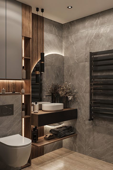 Loft style apartment :: Behance Small Lux Bathroom Ideas, Half Bathroom Modern Ideas, Dark Washroom Design, Bathroom Dark Design, Dark Colors Bathroom, Bathroom Remodel Moody, Beautiful Home Decor Ideas, Clever Bathroom Ideas, Bathroom With Dark Tile Floor