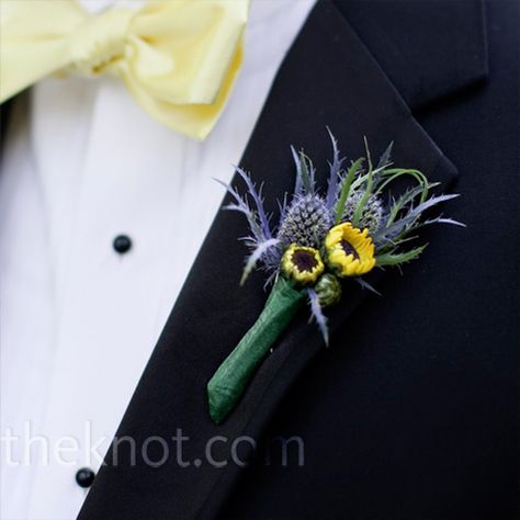 Elliott wore a small and simple boutonniere of mini sunflowers, blue delphiniums and rosemary. Rustic Wedding Boutonniere, Thistle Boutonniere, Simple Boutonniere, Boutonniere Wedding Rustic, Thistle Wedding, St Gabriel, Mini Sunflowers, Wedding Boutonniere, Boutonniere Wedding