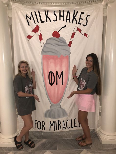 Philantrophy Ideas, Phi Mu Philanthropy, Sorority Philanthropy, Philanthropy Events, Banner Ideas, Phi Mu, Sorority Outfits, Milkshakes, Sorority