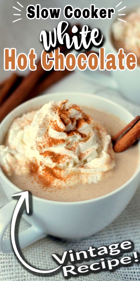 SLOW COOKER WHITE HOT CHOCOLATE, made in the crock pot and ready when you are! Rich, full of flavour and made with white hot chocolate and cinnamon. #slowcooker #hotchocolate #slowcookerhotchocolate #crockpot #hotchocolaterecipe Cinnamon White Hot Chocolate, Slow Cooker White Hot Chocolate, Crock Pot White Hot Chocolate, White Hot Chocolate Crockpot, Crockpot White Hot Chocolate, Slowcooker Hotchocolate, Crock Pot Hot Chocolate Recipe, Christmas Dinner Desserts, Cinnamon Hot Chocolate