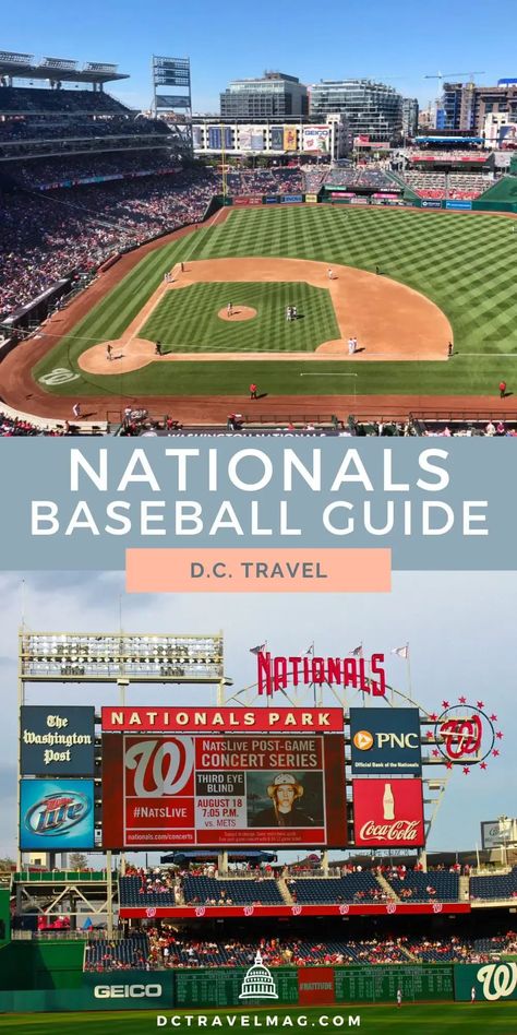 Your guide to attending a Washington Nationals baseball game at Nationals Park in Washington, D.C. From food, to what to wear, how to chant and more. Washington Dc Attractions, Washington Dc Travel Guide, Washington Dc With Kids, Baseball Park, Nationals Baseball, Washington Dc Travel, Dc Travel, National Stadium, Us Road Trip