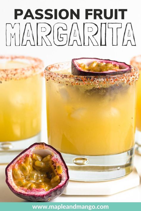 Passion Fruit Margarita! A classic margarita on the rocks with a tropical passion fruit twist. This easy-to-make passion fruit cocktail recipe is the perfect summer drink and great for Cinco de Mayo or taco night too! Shake up a single drink or make pitcher margaritas for a crowd! | www.mapleandmango.com Tropical Margarita Recipe, Passion Fruit Margarita Recipe, Pitcher Margaritas, Fruit Cocktail Drink, Passion Fruit Cocktail, Recipes With Fruit Cocktail, Passion Fruit Margarita, Fruit Margarita, Margarita On The Rocks