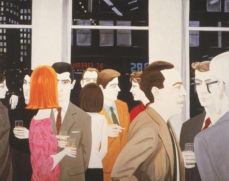 Alex Katz. The Cocktail Party (1965). Oil on Canvas, 72x96 inches. Collection Paul Jacques Schupf, New York. Alex Katz, Willem De Kooning, Expressionist Painting, Figurative Artists, Group Of People, Art Pop, Study Style, Red Coat, Op Art