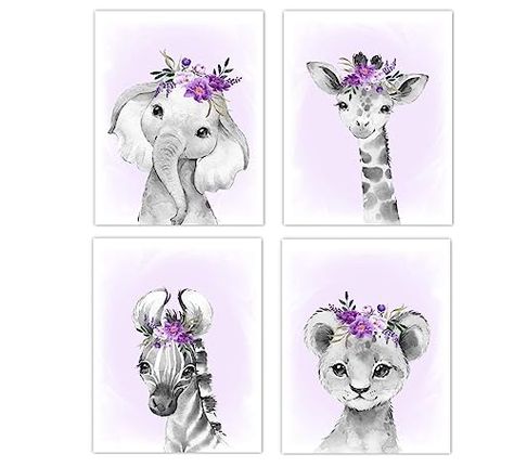 Zebra Room Decor, Purple Nursery Decor, Elephant Wall Art Nursery, Zebra Decor, Jungle Animals Nursery, Girl Nursery Wall Art, Purple Nursery, Floral Elephant