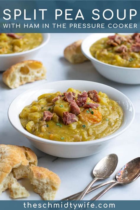 Whenever I make a Ham I always save the bone because it makes the most delicious Pressure Cooker Split Pea Soup! This Split Pea and Ham Soup Recipe comes together easily with healthy vegetables like carrots and potatoes and a great way to use up ham leftovers! Pea Soup With Ham Bone Instant Pot, Pressure Cooker Split Pea Soup With Ham, Split Pea And Ham Soup Pressure Cooker, Instant Pot Split Pea Soup With Ham Bone, Broccoli Cheese Baked, Ham Soup Crockpot, Pressure Cooker Split Pea Soup, Cheese Baked Potatoes, Split Pea Ham Soup