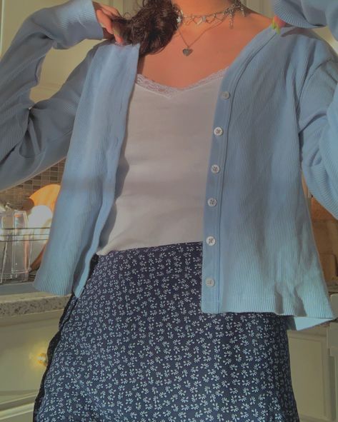 Pastel Blue Cardigan Outfit, Light Academia Outfit Blue, Crop Cardigan Outfit Hijab, Blue Cardigan Outfit Aesthetic, Brandy Melville Outfits Skirt, Dark Blue Cardigan Outfit, Brandy Melville Skirt Outfits, Light Blue Cardigan Outfit, Blue Cardigan Outfit