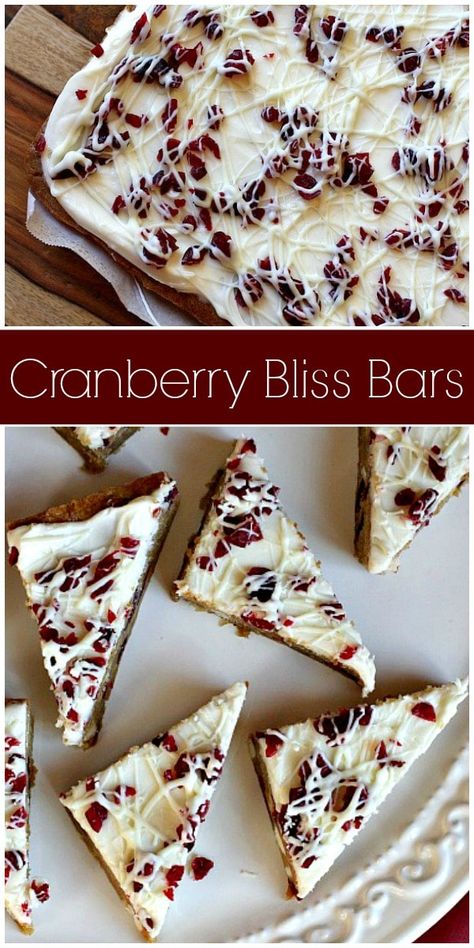 Cranberry Bliss Bars, also known as White Chocolate Cranberry Blondies #cranberry #bliss #bars #starbucks #white #chocolate #blondies #holiday #fall #christmas #recipe #RecipeGirl via @recipegirl Cranberry Almond Crunch Cereal Recipes, Christmas Squares And Bars, Thanks Giving Food Idea, Christmas Bars And Squares, Christmas Bar Cookies, White Chocolate Cranberry Blondies, Christmas Blondies, Best Christmas Baking, Cranberry Blondies