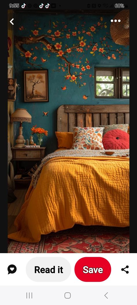 Decor For Orange Walls, Colorful Accent Wall Bedroom, Bohemian Wall Painting Ideas, Fun Bedroom Paint Ideas, Orange Walls Bedroom, Wall Colors For Bedroom, Teal Wall Bedroom, Mustard Yellow Bedroom Ideas, Room Painting Ideas Bedroom