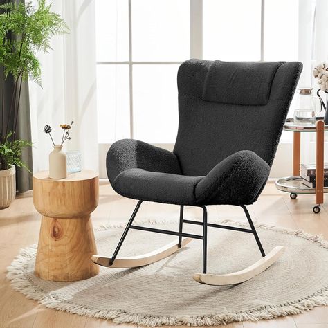 Amazon.com: AmoUnico Rocking Chair for Nursery, Teddy Upholstered Glider Rocking Chair with High Backrest and Armrests, Comfy Padded Seat Nursing Chair for Nursery Bedroom Living Room (Black) : Home & Kitchen Rocking Chair For Nursery, Chair For Nursery, Glider Rocking Chair, Living Room Black, Nursing Chair, Nursery Chair, Football Baby, Room Black, Baby Boy Nurseries