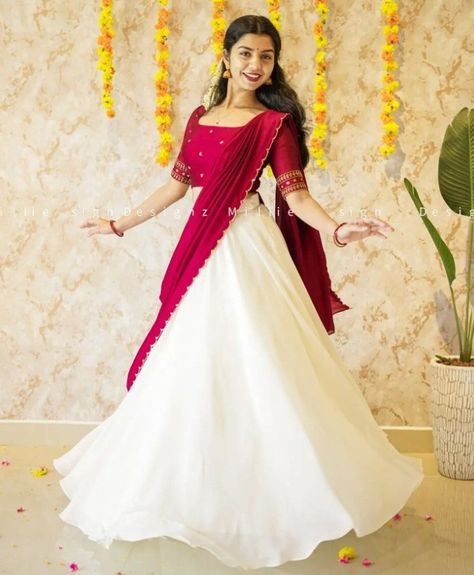 Red And White Half Saree, White Half Saree, Half Sari, Half Sarees, Lehenga Designs Simple, Simple Gowns, Lehenga Designs, Churidar, Half Saree