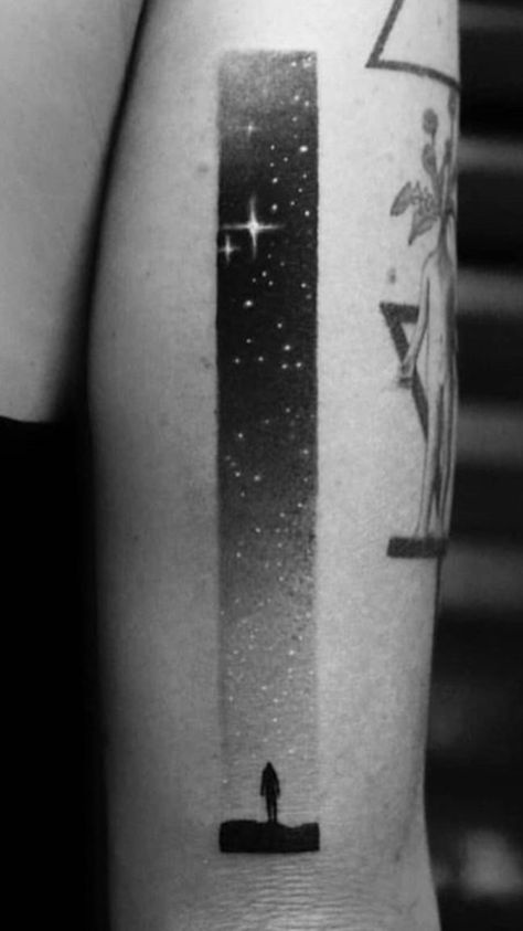 Ladder To The Stars Tattoo, Dark Shadows Tattoo, Melancholic Tattoo, Light In The Dark Tattoo, Inverted Tattoo Negative Space, The Expanse Tattoo, Space Shoulder Tattoo, Rec Tattoo, Geometric Space Tattoo