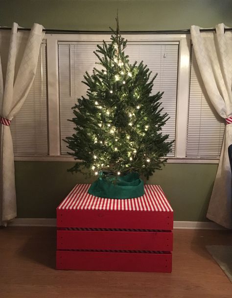 Baby Proof Christmas Tree Diy, Baby Proof Christmas Tree, Christmas Tree Platform, Diy Christmas Tree Stand, Tree Platform, Christmas Tree Base, Baby Proof, Crate Diy, Christmas Tree Diy