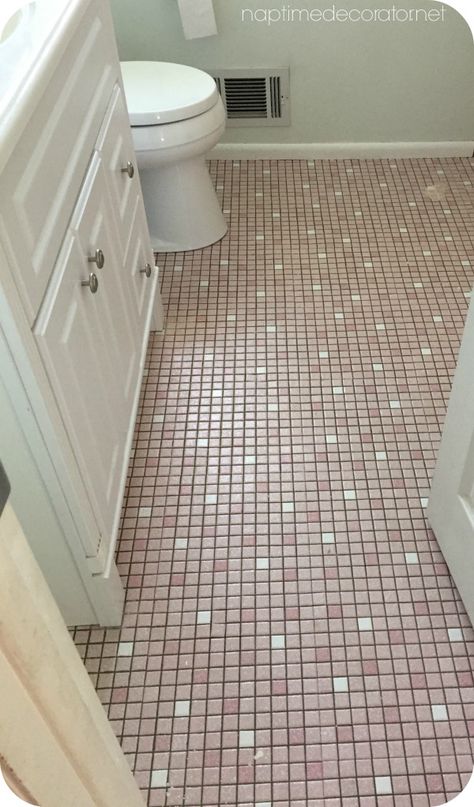 When You Just Can’t Take Pink Tile Anymore: Painting my Bathroom Floor Painting Old Bathroom Tile, Old Tile Bathroom Makeover, Painting Ceramic Tile Floor, Painted Bathroom Floors, Pink Tile Bathroom, Pink Bathroom Tiles, Painting Bathroom Tiles, Small Bathroom Paint, Pink Tile