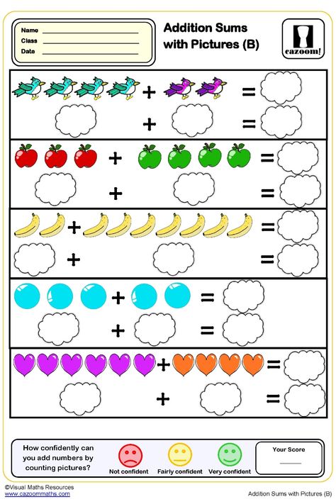 Addition Sums with Pictures Worksheet For Year 1 Addition Pictures Worksheet, Year 1 Maths Worksheets, Maths Sums, Addition Chart, Ks2 Maths, Year 1 Maths, Math Addition Worksheets, Maths Worksheets, Addition Worksheets