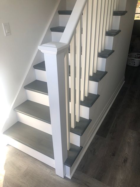 Stained Wood Stairs, Stained Staircase, Grey Stained Wood, Wood Stairs, Wooden Stairs, Grey Stain, Stained Wood, Staircases, Railing