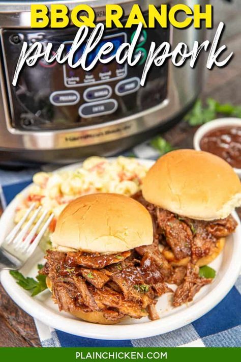 BBQ Ranch Pulled Pork - Plain Chicken Pulled Pork Ideas, Crock Pot Sandwiches, Pork Ideas, Cajun Butter, Plain Chicken, Slow Cooker Pulled Pork, Bbq Pulled Pork, Slow Cooker Pork, Best Bbq