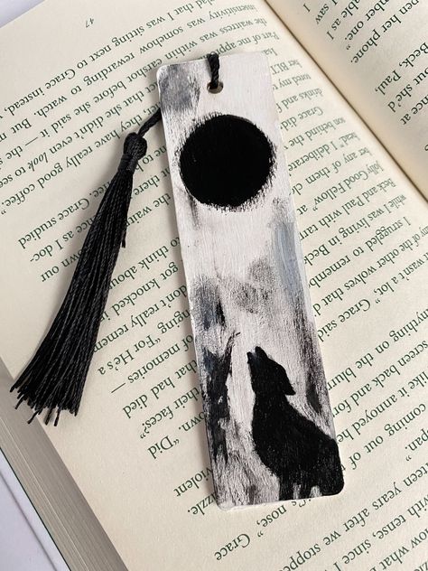 Wolf Moon Bookmark | Hand Painted | Wooden Bookmark by MooBearCompany on Etsy Wolf Bookmark, Moon Bookmark, Cool Bookmarks, Reader Gifts, Broken Book, Handmade Bookmarks Diy, Tears Art, Arts And Crafts Storage, Penanda Buku