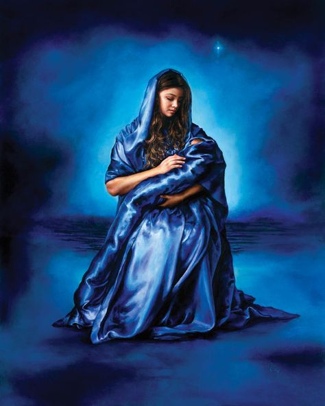 Mother's Love, Akiane Kramarik. The artist's words: "I painted Mary in a silky blue robe surrounded by a background palette of cerulean, cobalt and Persian blue. This is how I interpreted the vision of baby Jesus and his beautiful young mother. The robe connects both of them as if there were one. Mary is the symbol of love, warmth, affection, tenderness and devotion. Her story is the story of love and faith." Akiane Kramarik Paintings, Akiane Kramarik, Jesus Mother, Child Prodigy, Prophetic Art, Mother's Love, Jesus Painting, Blessed Mother Mary, The Virgin Mary