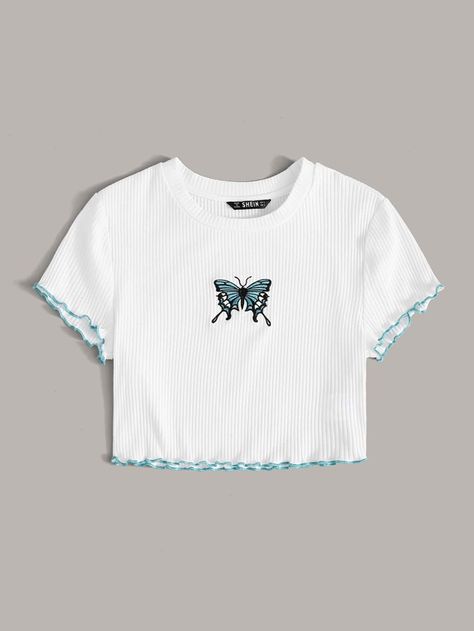 Lettuce Trim Butterfly Embroidery Crop Top | SHEIN ASIA Crop Tops For Kids, Crop Top Aesthetic, Girls Crop Tops, Butterfly Embroidery, Cute Preppy Outfits, Aesthetic Shirts, Cooler Look, Crop Top Outfits, Cute Crop Tops