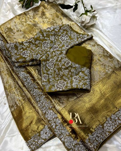 Gold tissue saree with silver zardosi border work and matching blouse for your bridal looks Gold Zardosi Work Blouse, Heavy Zardosi Work Blouses, Pattu Saree Border Maggam Work, Silver Work Blouse Designs For Pattu Sarees, Pattu Saree Border Work Designs, Gold Color Blouse Designs, Silver Maggam Work Blouses, Silver Zardosi Work Blouse, Silver Work Blouse Designs