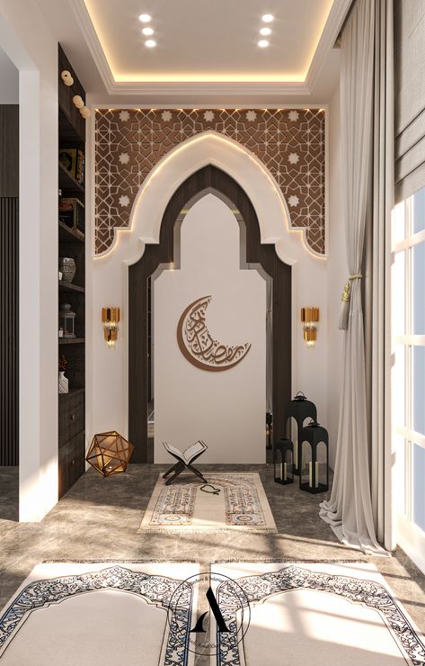 Islamic House Design Interiors, Prayer Room Design Muslim, Islamic Architecture House, Musholla Rumah, Small Meditation Space, Modern Islamic Interior, Mihrab Masjid, Interior Masjid, Praying Room