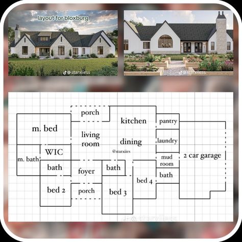 1 Level Bloxburg House Layout, Bloxburg House Farmhouse Layout, Layout Design For Bloxburg, Modern Farmhouse Bloxburg Layout 1 Story, Bloxburg House Ideas Big Layout, Small Modern Bloxburg House Layout, House Layout Grid, Bloxburg Home Layout 1 Story Big, Bloxburg House Plans 1 Floor