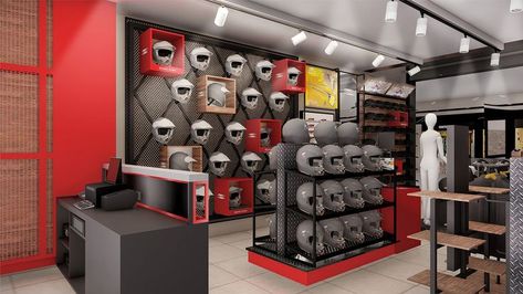 Helmet Shop Interior Design, Motorcycle Store Design Interiors, Helmet Storage Ideas, Motorcycle Shop Design, Motorcycle Showroom Interior, Motorcycle Helmet Storage, Bike Stands, Helmet Display, Rak Display