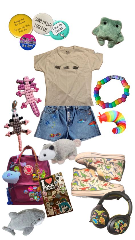 #shark #bug #fish #bagwithpins #sketchbook #possum #kandi #pins #frog #dinosaurs #axolotl Axolotl Outfit, Outfit Boards, Cute Axolotl, Aesthetically Pleasing, Dinosaurs, Cool Outfits, Sketch Book, Cute Outfits, Fish