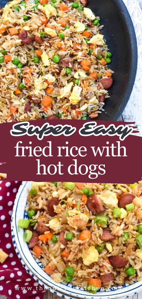 This easy hot dog fried rice is the tastiest way to use up leftover hot dogs. It’s a quick, one pot meal that’s always a hit with the kids, and one even adults enjoy- especially since it’s ready in under 20 minutes! View this easy recipe at quickerkitchen.com Rice And Hot Dogs, Hot Dog And Rice Recipes, Hot Dog Rice, Recipe Using Hot Dogs, Rice And Hot Dogs Recipe, Easy Dinner Recipes With Hot Dogs, Hot Dog Fried Rice, Leftover Hotdogs, Hot Dogs And Rice