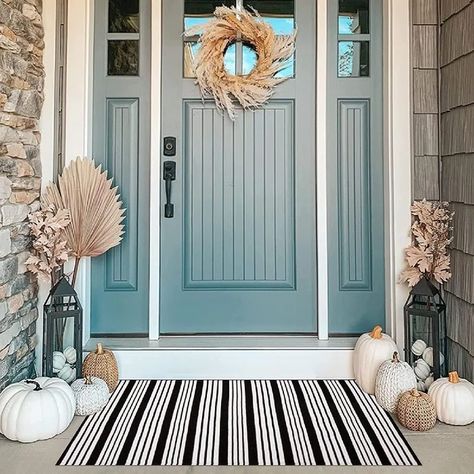 Latitude Run® Heyli 60" L x 36" W Indoor Outdoor Door Mat | Wayfair Blue Front Door, Striped Carpets, Plaid Rug, Halloween Front Porch Decor, Porch Rug, Halloween Door Mat, Halloween Front Porch, Indoor Doors, Indoor Door Mats