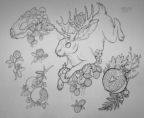 Jackalope Drawing, Autumn Tattoo Ideas, Autumn Tattoos, Jackalope Tattoo, Illustrative Tattoos, Neo Traditional Art, Animal Line Art, Autumn Tattoo, Tattoo Apprenticeship