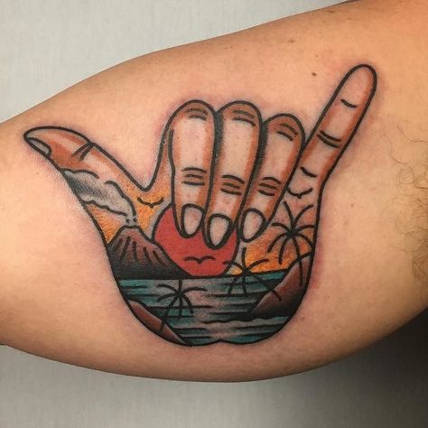 @isaacjctattoo Shaka Tattoo, Surf Tattoo, Hawaiian Tattoo, Beach Tattoo, Symbol Tattoos, American Traditional Tattoo, Hand Tattoo, Symbolic Tattoos, American Traditional