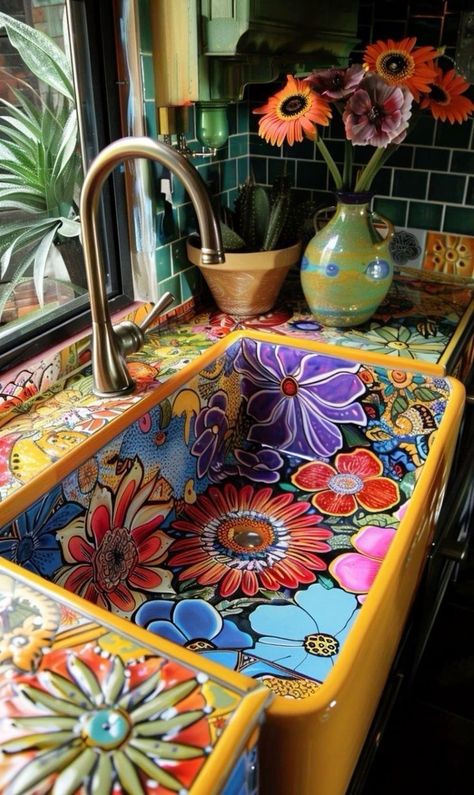 Boho Kitchen Countertop, Boho Sink, Colorful Eclectic Kitchen, Mexican Style House, Unique Home Decor Ideas, Mosaic Sink, Funky Kitchen, Mexican Kitchen, Sink Ideas