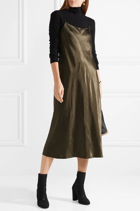 slip dress with turtleneck and boots Satin Dress Outfit Casual, Dress Over Turtleneck, Slip Dress Outfit Ideas, Slip Dress Outfit Winter, Satin Slip Dress Outfit, Satin Dress Outfit, Layered Slip Dress, Maxi Dress Outfit Fall, Slip Dress Outfit