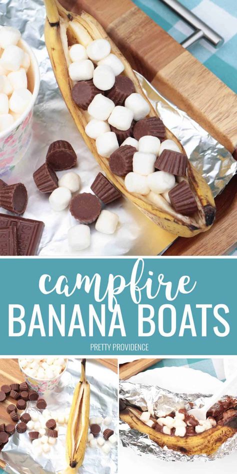 Campfire banana boats are one of our favorite camping desserts! They are easy to make and take 5 minutes. Heat them up in a campfire, on a grill or even in your oven at home! #campfirebananaboats #bananaboats #inoven #campfire #campfiredesserts #campingdesserts #smores #banana #campingrecipes #camping #baked #recipe #ovenbananaboats #grilledbananaboats #grilldesserts Walking Snacks, Grilled Banana Boats, Campfire Banana Boats, Banana Smores, Campfire Bananas, Banana Boats, Baked Recipe, Campfire Desserts, Camping Desserts