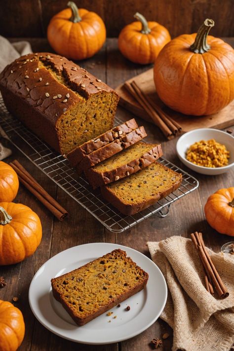 Delicious Pumpkin Bread Pumpkin Bread Decoration, Pumpkin Bread Photography, Pumpkin Bread Aesthetic, Fall Food Photography, Pumpkin Food Photography, Fall Breads, Pumpkin Loaf Recipe, Fall Bread, Fall Bread Recipes