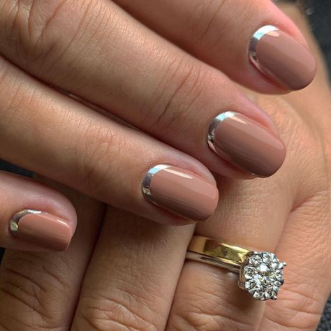 40 Best Wedding Nails 2022 : Pearl Nails White French Tips Silver Cuff Nails, Cuff Nails Design, Silver Reverse French Nails, Nail Cuff Design, Nail Art Reverse French, Nude Nails With Silver Design, Nails Reverse French, Nude And Silver Nails, Sage Nails