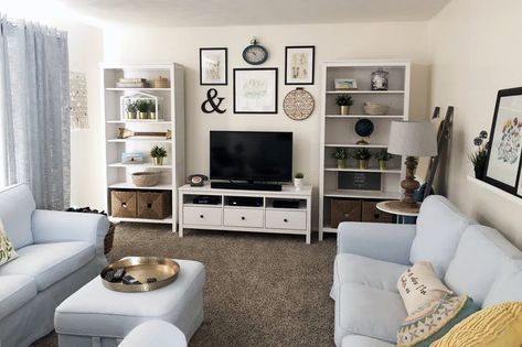 A Charming Bloomington, Illinois Home | Apartment Therapy Tv Room Layout, Butcher Block Tables, Divorce For Women, Block Table, Living Room Furniture Layout, Living Room Photos, Furniture Layout, Tv Room, Apartment Living Room