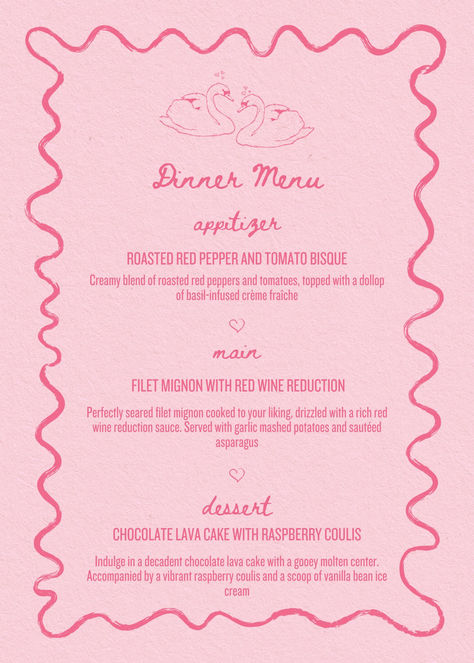 Galentine's Day Menu Template to make your perfect valentines day tablescape that much cuter. Using this Canva template makes it easy! galentines party decor, galentines party ideas girls night, galentines party aesthetic, galentines brunch, galentines invitation, valentines day, galentines day, galentines menu, valentines day menu, galentines brunch menu, dinner party menu, canva menu template, pink menu, girly dinner party menu, wavy border menu, squiggly line border menu Galentines Dinner Menu Ideas, Galentines Party Menu Ideas, Galentines Invites, Galentines Party Invitation, Aesthetic Menu Template, Canva Aesthetic Template, Galentines Tablescape, Girly Dinner Party, Brunch Galentines