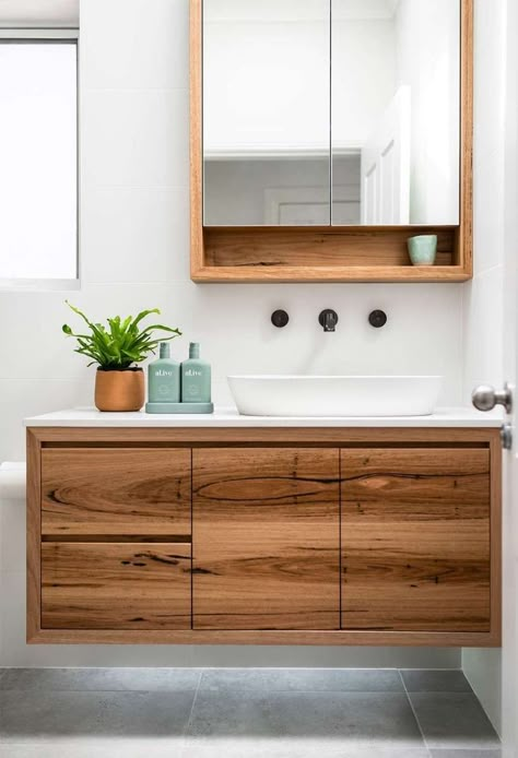 Wooden Bathroom Mirror, Bathroom Staging, Residential Kitchen, Bathroom Mirror With Shelf, Timber Vanity, Bathroom Cabinets Designs, Small Bathroom Renovations, Modern Bathroom Cabinets, Laundry Design