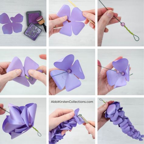 How to make DIY wisteria paper flowers craft tutorial. Wisteria Craft Tissue Paper, Paper Wisteria Tutorial, Wisteria Diy Paper, Paper Wisteria Template, How To Make Wisteria Paper Flowers, Diy Wisteria Flowers, Diy Wisteria Paper Flowers, Wisteria Template, Wisteria Paper Flowers