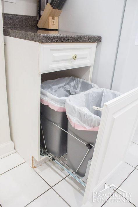 Turn an empty cabinet into DIY pull out trash cans in under an hour; so easy to do! Pull Out Trash Cans, Organiser Cucina, Trash Can Cabinet, Murphy Bed Plans, Small Kitchen Storage, New Kitchen Cabinets, Kitchen Decorating, Kitchen Redo, Trash Bins