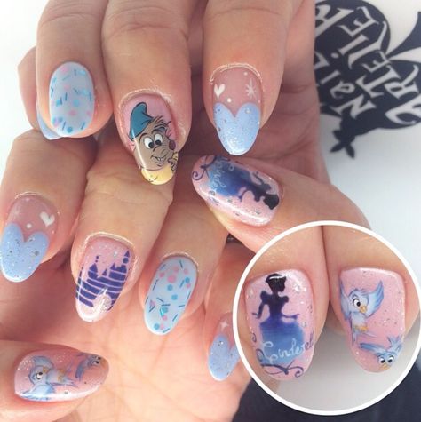 Cinderella Nails Disney, Disney Princess Acrylic Nails, Disney Cinderella Nails, Cinderella Nails Designs Disney, Cinderella Theme Nails, Disney Princess Themed Nails, Cinderella Nails Acrylic, Disney Nail Designs Princesses, Dumbo Nails