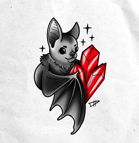 By one of our apprentices @damondemonink "Bat with some crystals 🦇" #battattoo #batandcrystaltattoo #crystaltattoo #tattooapprentice #animaltattoo #alchemytattoocollective American Traditional Bat Tattoo, Small Bat Tattoo, Fruit Bat Tattoo, Alchemy Tattoo, Robot Monster, Cool Tattoo Drawings, Crystal Tattoo, Bat Tattoo, Tattoo Apprentice