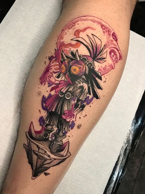 Legend Of Zelda Ocarina Of Time Tattoo, Tattoo Ideas Video Games, Zelda Tattoo Sleeve, Sheikah Tattoo, Legend Of Zelda Tattoo Ideas, Majoras Mask Tattoo, Zelda Tattoo Ideas, Video Game Tattoo Ideas, Metroid Tattoo