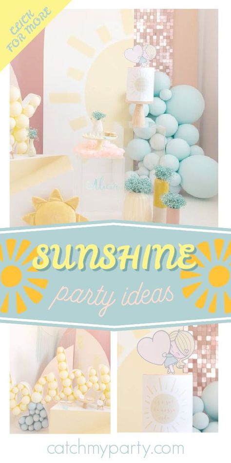 Check out this cute sunshine-themed birthday party! The balloon decorations are fantatsic! See more party ideas and share yours at CatchMyParty.com #catchmyparty #partyideas #sunshine #sunshineparty Sunshine Decorations Party, Sunshine Birthday Theme Decor, Sunshine Theme Birthday Party, Sun Themed Birthday Party, Birthday Tem, Sunshine Party Ideas, Sunshine Birthday Theme, Sun Birthday Party, Sunshine Birthday Party