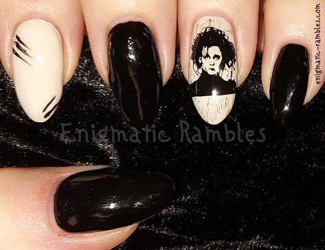 Addams Family Nail Art, Junji Ito Inspired Nails, Edward Scissorhands Nail Art, Edward Scissorhands Jewelry, Horror Character Nail Art, Edward Scissorhands, White Polish, Goth Nails, Work Nails