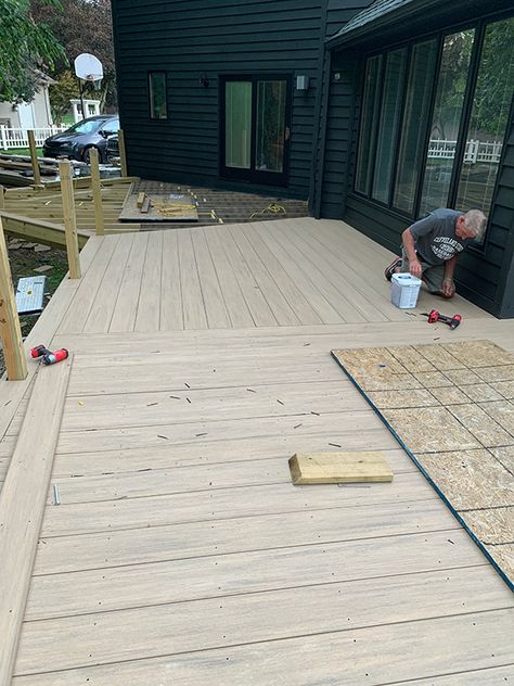 Our New TimberTech Deck! - BREPURPOSED Light Colored Deck, French White Oak Timbertech, Deck Color Ideas, Timber Tech French White Oak Deck, Timbertech Deck Ideas, Timbertech French White Oak Deck, Timber Tech Deck Ideas, Composite Deck Ideas, Timbertech Deck Colors